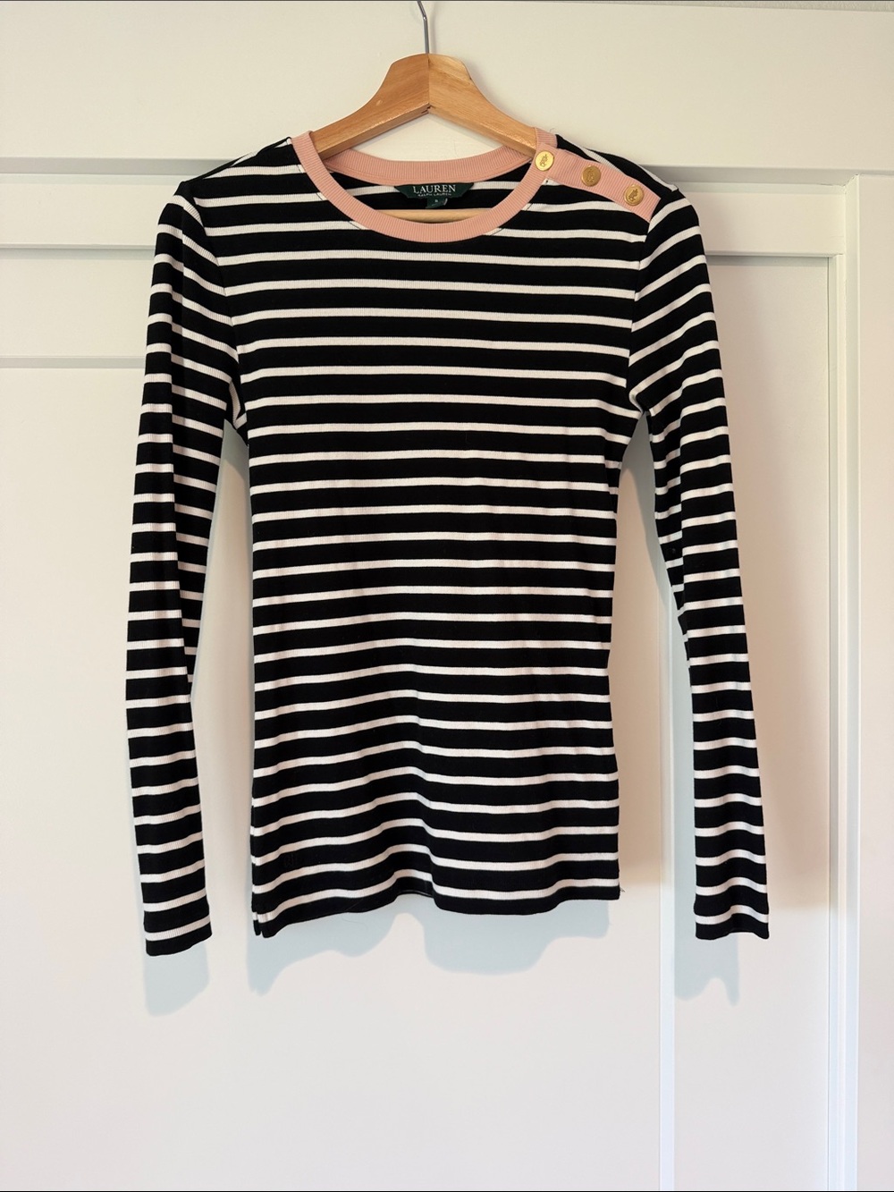 Ralph Lauren Black & White Striped Long-Sleeve Top with Pink Trim